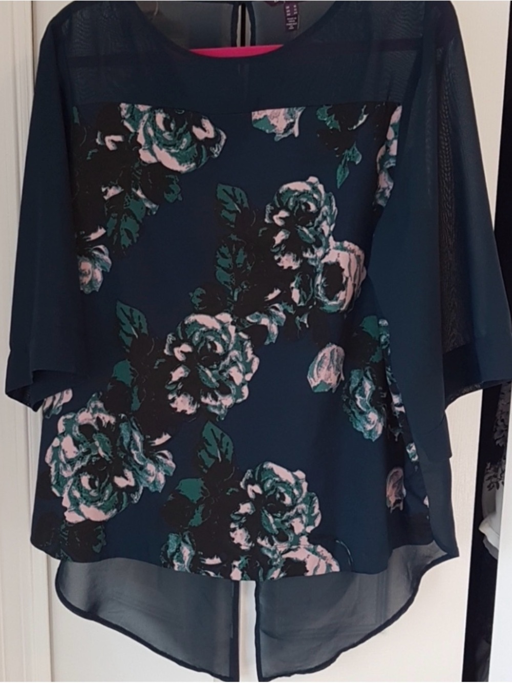 long tall sally Teal Floral Overlay Blouse with Pink Highlights